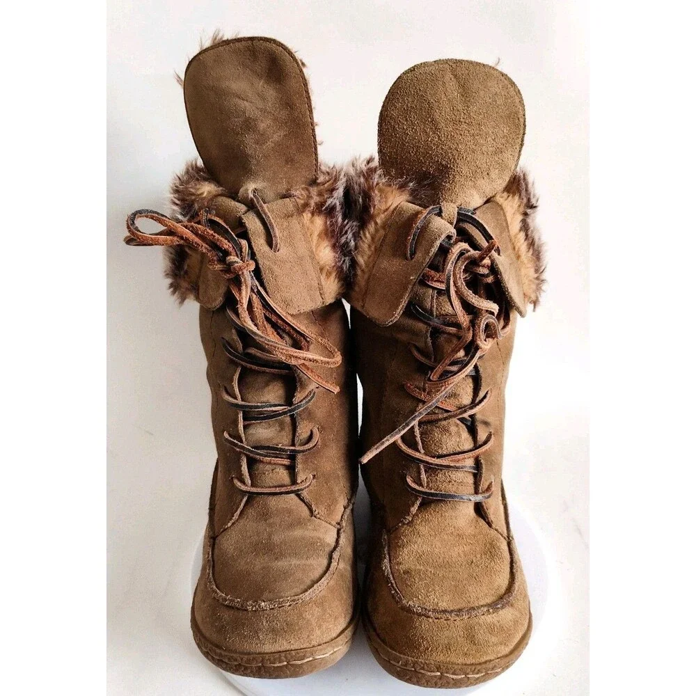 Steve Madden Camel Tan Shearling Lined Lace-up Suede 5.5 Square Toe Winter Boots